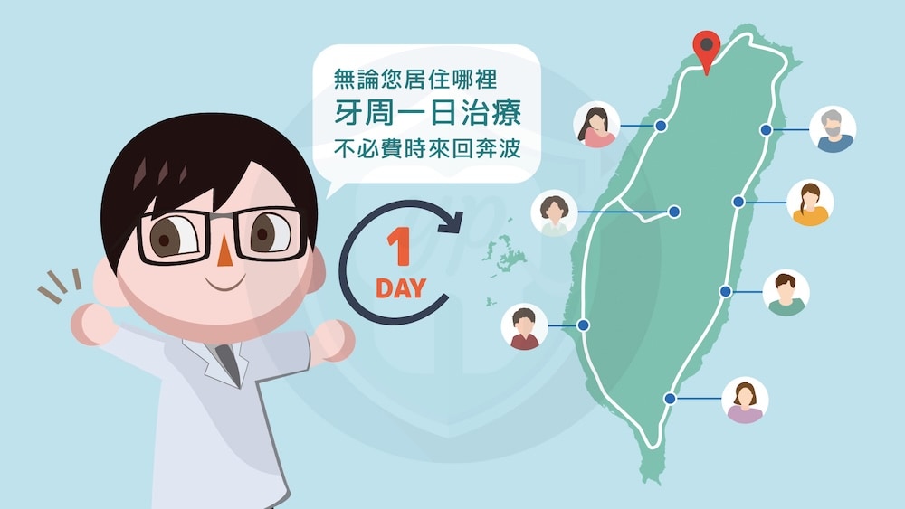牙周病治療-多久-水雷射-牙周治療-一日完成高效治療示意圖-葉立維醫師 一日全口水雷射牙周治療高效率示意圖(一):適合來自全台各地的患者