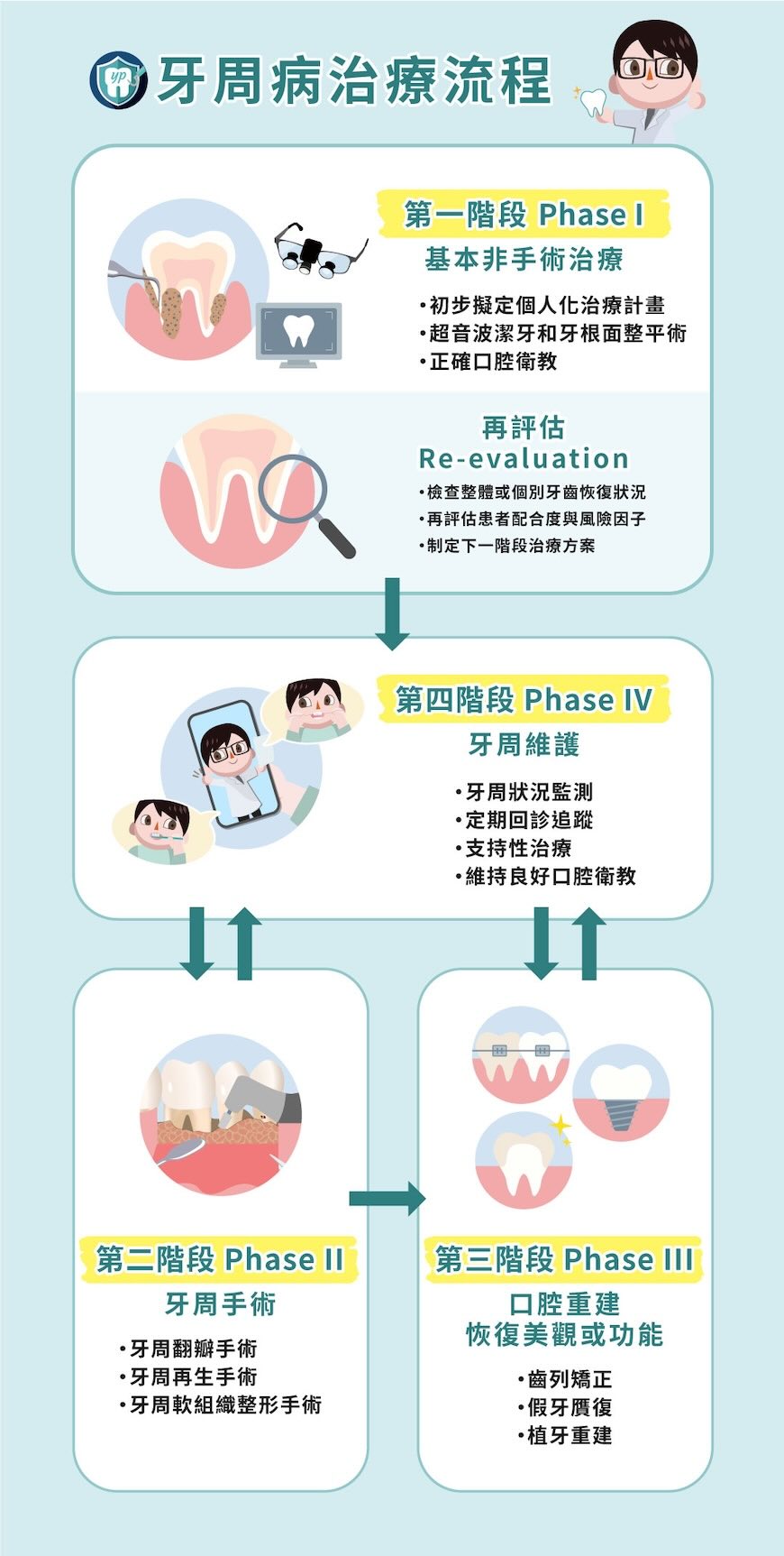 牙周病治療四階段流程：第一階段基本治療、第二階段牙周手術、第三階段口腔重建、第四階段牙周維護，並在基本治療後進行再評估以決定後續療程